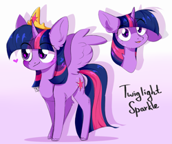 Size: 2365x1979 | Tagged: safe, artist:pledus, part of a set, twilight sparkle, alicorn, pony, g4, blushing, bust, crown, cute, ear fluff, eye clipping through hair, eyebrows, eyebrows visible through hair, female, gradient background, heart, high res, horn, jewelry, leg fluff, looking at you, mare, name, one ear down, open mouth, portrait, regalia, shadow, smiling, solo, spread wings, sweat, twiabetes, twilight sparkle (alicorn), wings