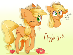 Size: 2524x1914 | Tagged: safe, artist:pledus, part of a set, applejack, earth pony, pony, g4, apple, applejack's hat, bust, cowboy hat, cute, dialogue, ear fluff, eye clipping through hair, eyebrows, eyebrows visible through hair, female, food, gradient background, hat, high res, jackabetes, leg fluff, looking at you, mare, name, one eye closed, open mouth, portrait, shadow, smiling, solo, speech bubble, straw in mouth, wink