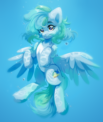 Size: 2308x2741 | Tagged: safe, artist:pledus, oc, oc only, oc:siriusnavigator, pegasus, pony, blue background, bubble, clothes, commission, crepuscular rays, cute, digital art, feather, female, flowing mane, flowing tail, full body, green mane, high res, looking at you, mare, ocean, one-piece swimsuit, open mouth, pegasus oc, simple background, solo, spread wings, starry eyes, sunlight, swimming, swimsuit, tail, underwater, unshorn fetlocks, water, wingding eyes, wings, ych result, yellow eyes