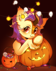 Size: 2265x2866 | Tagged: safe, artist:pledus, oc, oc only, kirin, candy, cloven hooves, food, halloween, high res, holiday, jack-o-lantern, looking at you, pumpkin, pumpkin bucket, solo
