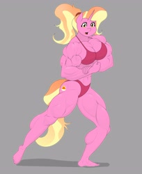 Size: 2958x3617 | Tagged: safe, artist:matchstickman, luster dawn, unicorn, anthro, plantigrade anthro, g4, abs, biceps, bikini, bodybuilder, breasts, buff breasts, busty luster dawn, calves, clothes, deltoids, female, flexing, gray background, high res, looking at you, luster brawn, mare, muscles, muscular female, pecs, red bikini, red swimsuit, simple background, solo, swimsuit, thighs, thunder thighs, triceps
