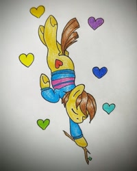 Size: 851x1064 | Tagged: safe, artist:mintytreble, earth pony, pony, clothes, crossover, eyes closed, falling, frisk, heart, ponified, simple background, solo, stick, sweater, traditional art, undertale