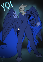 Size: 1640x2360 | Tagged: safe, artist:stirren, princess luna, alicorn, anthro, unguligrade anthro, g4, clothes, commission, cosplay, costume, disembodied head, fursuit, luna suit, lunasuit, peace sign, ponysuit, pose, spread wings, wings, your character here