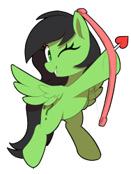 Size: 750x1000 | Tagged: safe, artist:thebatfang, oc, oc only, oc:filly anon, pegasus, pony, bow (weapon), cupid, female, filly, foal, hearts and hooves day, holiday, imported from ponybooru, one eye closed, simple background, smiling, solo, spread wings, transparent background, valentine's day, wings, wink