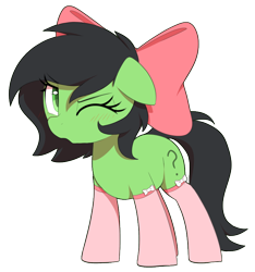 Size: 750x800 | Tagged: safe, artist:thebatfang, oc, oc only, oc:filly anon, earth pony, pony, bow, clothes, female, filly, foal, imported from ponybooru, one eye closed, simple background, socks, solo, transparent background