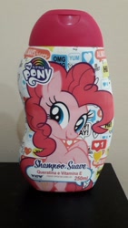 Size: 720x1280 | Tagged: safe, pinkie pie, earth pony, pony, g4, brazilian portuguese, cute, irl, looking at you, merchandise, photo, shampoo, solo
