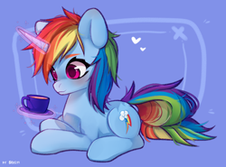 Size: 2700x2000 | Tagged: safe, artist:shelti, rainbow dash, pony, unicorn, g4, backwards cutie mark, colored pupils, commission, cup, female, glowing, glowing horn, high res, horn, levitation, magic, mare, race swap, signature, sitting, solo, teacup, telekinesis, unicorn rainbow dash