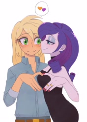 Size: 2894x4093 | Tagged: safe, artist:haibaratomoe, applejack, rarity, human, equestria girls, g4, alternate hairstyle, belt, blushing, clothes, cute, denim, dress, duo, eyeshadow, female, heart, jackabetes, jeans, jewelry, lesbian, looking at each other, looking at someone, makeup, nail polish, pants, raribetes, ring, ship:rarijack, shipping, shirt, simple background, white background