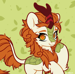 Size: 2024x2000 | Tagged: safe, artist:shelti, autumn blaze, kirin, abstract background, cloven hooves, colored pupils, eyebrows, female, green background, high res, looking at you, pointing at self, signature, smiling, smiling at you, solo