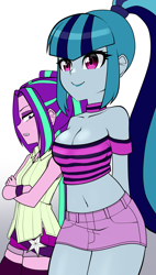 Size: 1250x2200 | Tagged: safe, artist:nekojackun, aria blaze, sonata dusk, human, equestria girls, g4, alternate clothes, aria flat, arm behind back, bare shoulders, belly button, big breasts, booty shorts, bracelet, braless, breast envy, breasts, busty sonata dusk, choker, cleavage, clothes, crossed arms, delicious flat chest, duo, duo female, eyelashes, eyeshadow, female, jealous, jewelry, lesbian, lips, makeup, midriff, miniskirt, off shoulder, pigtails, ponytail, sexy, ship:arisona, shipping, short shirt, shorts, simple background, skirt, small breasts, socks, thigh highs, vest, white background