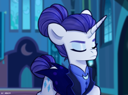 Size: 2700x2000 | Tagged: safe, artist:shelti, rarity, pony, unicorn, g4, alternate hairstyle, alternate timeline, blurry background, clothes, colored pupils, eyes closed, female, high res, horn, mare, night maid rarity, nightmare takeover timeline, signature, solo, standing