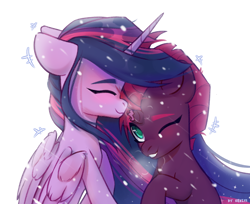 Size: 2568x2100 | Tagged: safe, artist:shelti, tempest shadow, twilight sparkle, alicorn, pony, unicorn, g4, broken horn, colored pupils, duo, duo female, eyes closed, female, folded wings, high res, horn, lesbian, mare, ship:tempestlight, shipping, signature, simple background, twilight sparkle (alicorn), wings