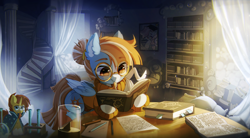 Size: 3660x2020 | Tagged: safe, artist:astralblues, sunburst, oc, oc only, oc:solstice breeze, pegasus, pony, g4, book, bookshelf, clothes, curtains, doll, ear fluff, figurine, folded wings, glasses, high res, male, pencil, reading, scroll, solo, stairs, stallion, sundial, sweater, test tube, toy, window, wings