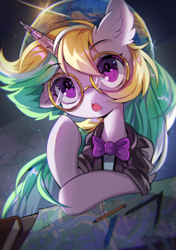 Size: 1900x2700 | Tagged: safe, artist:astralblues, oc, oc only, oc:lemonswoosh, pony, unicorn, book, bowtie, clothes, cute, desk, female, glasses, globe, high res, mare, pencil, solo