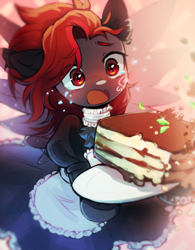 Size: 1509x1935 | Tagged: safe, artist:astralblues, oc, oc only, pegasus, pony, blushing, cake, clothes, female, food, maid, mare, open mouth, solo, teary eyes