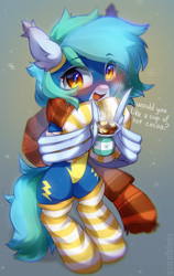 Size: 1734x2749 | Tagged: safe, artist:astralblues, oc, oc only, oc:siriusnavigator, pegasus, pony, bipedal, blushing, chocolate, clothes, female, fingers together, food, high res, hot chocolate, mare, pegasus oc, rule 63, scarf, socks, solo, striped socks, uniform, wing hands, wings, wonderbolts uniform