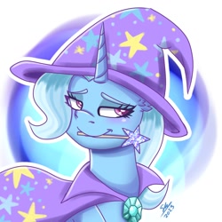 Size: 1280x1280 | Tagged: safe, artist:galaxy swirl, trixie, pony, unicorn, g4, cape, clothes, female, hat, lidded eyes, magic wand, mare, mouth hold, smiling, solo, trixie's cape, trixie's hat, wand, wizard hat