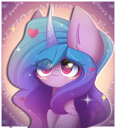 Size: 2000x2200 | Tagged: safe, artist:miryelis, izzy moonbow, pony, unicorn, g5, big ears, bust, cute, gradient mane, heart, heart eyes, high res, horn, impossibly large ears, long hair, looking at you, simple background, smiling, smiling at you, solo, sparkles, wingding eyes