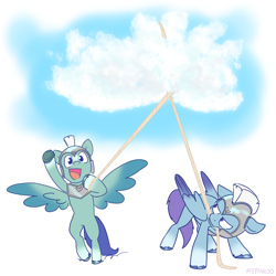 Size: 2048x2048 | Tagged: safe, artist:pfeffaroo, thunder flap, zoom zephyrwing, pegasus, pony, g5, armor, bipedal, cloud, cute, duo, duo male and female, female, guardsmare, helmet, high res, hoof hold, lasso, looking back, male, mare, mouth hold, open mouth, open smile, pegasus royal guard, rope, royal guard, smiling, stallion, thundorable, underhoof