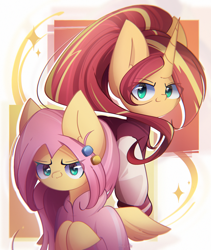 Size: 1900x2250 | Tagged: safe, artist:miryelis, fluttershy, sunset shimmer, pegasus, pony, unicorn, g4, barrette, big ears, bocchi the rock!, clothes, cosplay, costume, crossover, duo, flutterbocchi, high res, hitori gotoh, horn, impossibly large ears, jacket, long hair, looking at you, saki nikaido, simple background, smiling, smiling at you, wings, zombieland saga