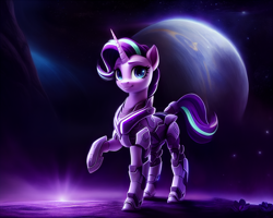Size: 1920x1536 | Tagged: safe, ai assisted, ai content, generator:pony soup v1, generator:stable diffusion, prompter:siber, starlight glimmer, pony, unicorn, g4, armor, clothes, female, flower, looking at you, mare, mass effect, planet, power armor, raised hoof, solo, space, stars