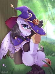 Size: 1522x2048 | Tagged: safe, alternate version, artist:sonigiraldo, oc, oc only, pegasus, pony, butt, chest fluff, clothes, ear fluff, female, forest background, genshin impact, hat, holiday, mona (genshin impact), plot, ponified, raised hoof, signature, sitting, smiling, socks, solo, witch costume, witch hat