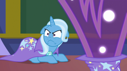 Size: 1280x720 | Tagged: safe, screencap, trixie, bear, pony, unicorn, ursa, ursa major, a matter of principals, g4, season 8, angry, behaving like a cat, cape, clothes, cute, diatrixes, faic, female, floppy ears, frown, hat, madorable, mare, pinpoint eyes, reaction image, solo, this will not end well, trixie's cape, trixie's hat, wtf