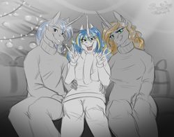 Size: 1000x786 | Tagged: safe, artist:sunny way, oc, oc:golden goal, oc:twin tips, oc:winter solstice, unicorn, anthro, christmas, christmas lights, christmas tree, daughter, double peace sign, family, father, female, happy, happy family, holiday, male, mare, mother, patreon, patreon reward, peace sign, stallion, tree, trio