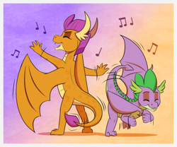 Size: 1422x1181 | Tagged: safe, artist:inuhoshi-to-darkpen, smolder, spike, dragon, g4, closed mouth, dancing, dragon wings, dragoness, eyes closed, female, gradient background, male, motion lines, music, music notes, open mouth, spread wings, tail, tongue out, wings