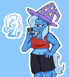 Size: 2987x3369 | Tagged: safe, artist:binturita, trixie, unicorn, anthro, g4, belly button, cellphone, clothes, ear piercing, earring, female, hat, high res, jewelry, looking at you, phone, piercing, short shirt, shorts, trixie's hat