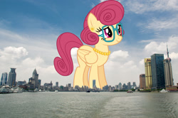 Size: 2048x1357 | Tagged: safe, anonymous editor, artist:baumkuchenpony, edit, posey shy, pegasus, pony, g4, china, female, folded wings, giant pegasus, giant pony, giantess, glasses, highrise ponies, irl, jewelry, macro, mare, mega giant, necklace, pearl necklace, photo, ponies in real life, shanghai, smiling, solo, wings