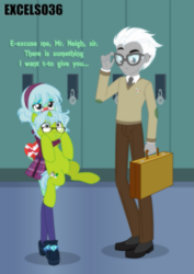 Size: 661x935 | Tagged: safe, artist:excelso36, covalent bond, oc, oc:alexa, oc:excelso, human, pony, unicorn, equestria girls, g4, age difference, bill nye, blushing, canon x oc, clothes, confused, crush, crystal prep academy uniform, equestria girls-ified, glasses, holding a pony, holiday, nervous, school uniform, shipping, valentine's day