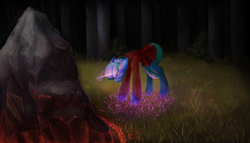 Size: 3500x2000 | Tagged: safe, artist:anastas, oc, oc only, oc:nox terrorem, pony, unicorn, blue coat, boulder, bow, choker, clothes, commission, dark magic, detailed background, dress, eyes closed, female, forest, glowing, grass, grass field, green mane, green tail, high res, magic, magic aura, mare, red dress, ritual, rock, runes, skirt, solo, spiked choker, stone, tail, tree