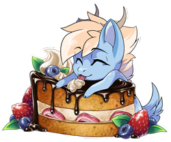Size: 1599x1322 | Tagged: safe, artist:arctic-fox, oc, oc only, oc:wicker wind, deer, blueberry, cake, cloven hooves, cute, food, horns, male, simple background, solo, strawberry, tongue out, transparent background, weapons-grade cute, whipped cream