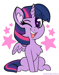 Size: 2186x2783 | Tagged: safe, artist:graphene, twilight sparkle, alicorn, pony, g4, chest fluff, chibi, cute, high res, one eye closed, open mouth, open smile, simple background, sitting, smiling, solo, starry eyes, stars, twilight sparkle (alicorn), white background, wingding eyes, wink