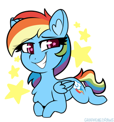 Size: 2478x2664 | Tagged: safe, artist:graphene, rainbow dash, pegasus, pony, g4, chibi, cute, eye clipping through hair, eyebrows, eyebrows visible through hair, female, folded wings, grin, high res, looking at you, lying down, mare, prone, signature, simple background, smiling, smiling at you, smug, solo, starry eyes, stars, white background, wingding eyes, wings