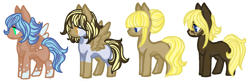 Size: 1276x414 | Tagged: safe, artist:shadowbane-kimikaro, oc, oc only, oc:brownie cup, oc:compass, oc:hourglass, oc:java cup, earth pony, pegasus, pony, base used, coat markings, earth pony oc, female, mare, offspring, parent:derpy hooves, parent:doctor whooves, parents:doctorderpy, pegasus oc, simple background, white background