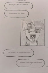 Size: 1240x1872 | Tagged: safe, artist:shirotanuki, rainbow dash, twilight sparkle, pony, g4, butt, fatal vore, female, horn, implied death, implied digestion, micro, monochrome, open mouth, plot, preydash, tongue out, traditional art, twipred, vore