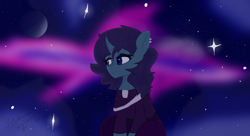 Size: 1980x1080 | Tagged: safe, artist:reddyshes, oc, oc only, oc:beatrice mills, pony, unicorn, clothes, female, galaxy, mare, planet, sitting, solo, space, stars