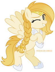 Size: 690x900 | Tagged: safe, artist:jennieoo, oc, oc only, oc:battlehelm, pegasus, pony, armor, armored pony, braid, gift art, happy, looking at you, one eye closed, patreon, patreon reward, simple background, smiling, smiling at you, solo, transparent background, vector, wink, winking at you