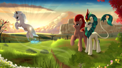 Size: 1600x892 | Tagged: safe, artist:darksly, rain shine, oc, earth pony, kirin, pony, g4, butte, cloud, commission, crepuscular rays, crossover, elden ring, fanfic art, female, flower, jumping, magic, mare, mesa, raised hoof, rock, torrent (elden ring), tree