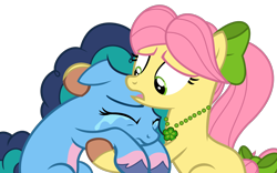 Size: 1920x1197 | Tagged: safe, artist:grapefruit-face, misty brightdawn, posey bloom, earth pony, pony, unicorn, g4, g5, base used, bow, comforting, concerned, crying, duo, duo female, emotional, eyes closed, female, frown, g5 to g4, generation leap, hair bow, jewelry, mare, misty can't catch a break, necklace, open mouth, sad, simple background, tail, tail bow, transparent background