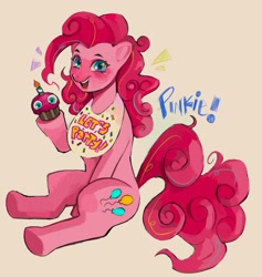 Size: 1751x1845 | Tagged: safe, artist:niagaragrape_, pinkie pie, earth pony, pony, g4, bib, cupcake, female, food, mare, simple background, sitting, solo, text