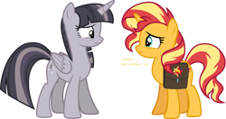 Size: 5693x3000 | Tagged: safe, artist:cloudy glow, artist:wardex101, edit, sunset shimmer, twilight sparkle, alicorn, unicorn, equestria girls, equestria girls specials, g4, my little pony equestria girls: better together, my little pony equestria girls: forgotten friendship, bag, discorded, discorded twilight, duo, duo female, female, looking at each other, looking at someone, saddle bag, simple background, text, transparent background, twilight sparkle (alicorn), twilight tragedy, vector