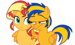 Size: 1316x790 | Tagged: safe, artist:mlpfan3991, sunset shimmer, oc, oc:flare spark, pegasus, pony, unicorn, g4, canon x oc, duo, faic, female, hug, lesbian, lidded eyes, ship:flareset, shipping, simple background, smiling, smug, transparent background, vector, wing hands, winghug, wings