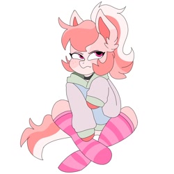 Size: 1280x1280 | Tagged: safe, artist:b1ng0, oc, oc only, oc:princess, earth pony, pony, annoyed, choker, clothes, freckles, hoodie, simple background, socks, solo, striped socks, white background
