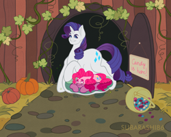 Size: 1600x1280 | Tagged: safe, artist:subarashi86, pinkie pie, rarity, earth pony, pony, unicorn, g4, belly, belly on floor, big belly, eaten alive, female, huge belly, internal, mare, mare pred, mare prey, pinkie prey, pumpkin, raripred, vore, x-ray