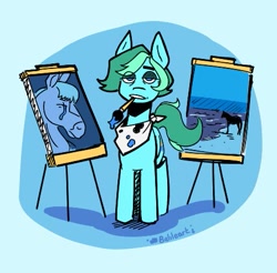 Size: 475x468 | Tagged: safe, artist:balileart, oc, oc only, oc:blue stroke, earth pony, horse, pony, canvas, lidded eyes, looking at you, man, man (meme), mouth hold, painting