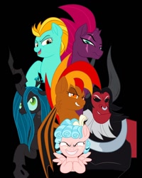 Size: 1080x1350 | Tagged: safe, artist:charlottedrawings_, cozy glow, lightning dust, lord tirek, queen chrysalis, tempest shadow, oc, centaur, changeling, changeling queen, pony, taur, g4, antagonist, female, male, scar, villainess