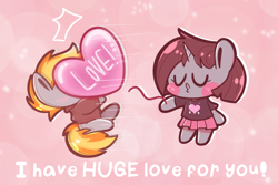 Size: 1800x1200 | Tagged: safe, artist:typhwosion, oc, oc only, oc:dynamo, oc:zoozy brew, unicorn, semi-anthro, arm hooves, blowing a kiss, chibi, duo, floating heart, heart